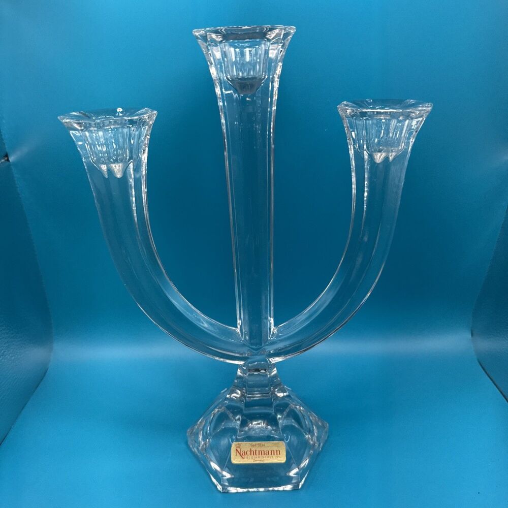 Nachtmann 24% Lead Crystal Triple Candelabra Candleholder Clear Germany